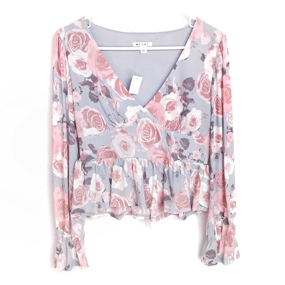 MIAMI Myley Floral Long Sleeve V-Neck Ruffled Sleeves Peplum Top Size Small